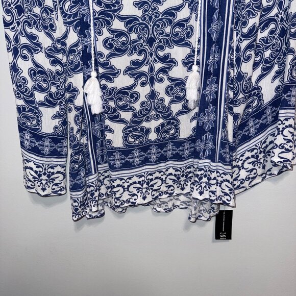NWT INC Womens Boho Blue & White Long Sleeve Top Size L Damask Scroll - Picture 4 of 7